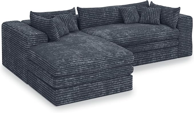 Belffin Plush Corduroy L Shaped Couch with Deep Seat Boneless Modular Sectional Cloud Boneless Couches for Living Room. Left Facing Chaise. Grey Sofa