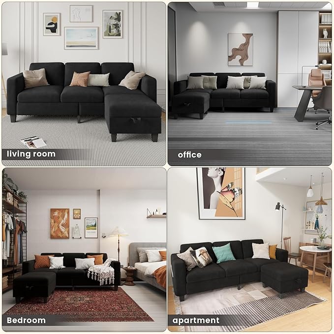 Sectional Sofa and Couches for Living Room - 78''L Shaped Black Velvet Couch-Pet Friendly Modular 3-Seater Convertible Sofas-Washable Covers-Suitable for The Living Room, Apartment or Bedroom