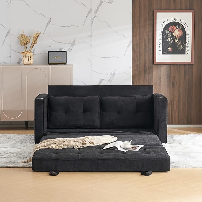 VINGLI Upgraded 64" W 84" L Full Size Futon Sofa Bed, 6" Thick Upholstery Chenille Loveseat Sofa Sleeper Pull Out Couch,Convertible Floor Couch for Living Room, Bedroom, Entertainment Room, Black