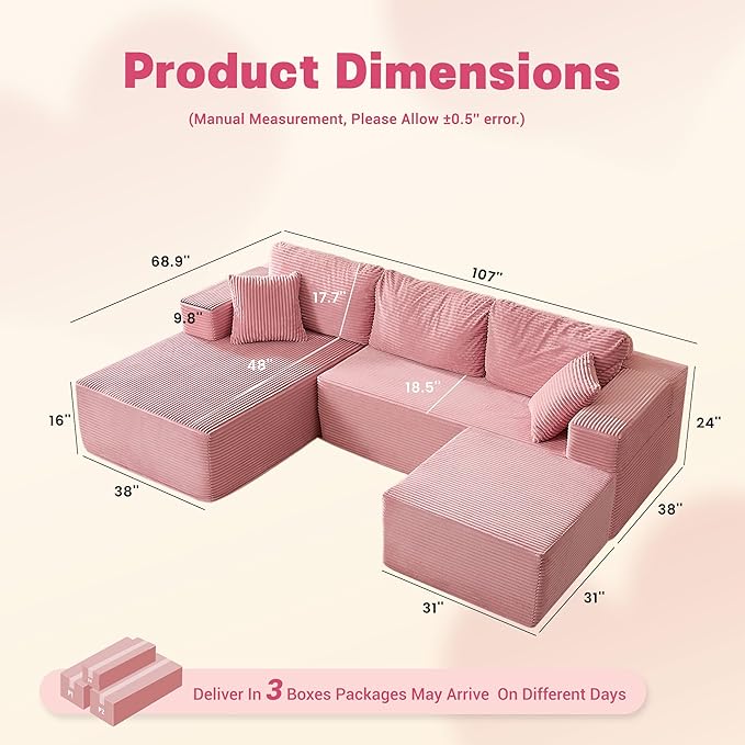 107" Boneless Couch with Deep Seat, Set of Modular Sectional Sofa, Cloud Sectional Couch for Living Room, No Assembly Required, Corduroy, U-Shape 3 Seater Left, Pink