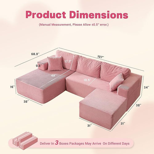 107" Boneless Couch with Deep Seat, Set of Modular Sectional Sofa, Cloud Sectional Couch for Living Room, No Assembly Required, Corduroy, U-Shape 3 Seater Left, Pink