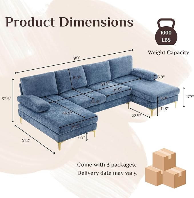 Karl home 110" Sectional Sofa U-Shaped 4-Seat Couch with Chaises Chenille Fabric Upholstered for Living Room, Apartment, Office, Dusty-Blue
