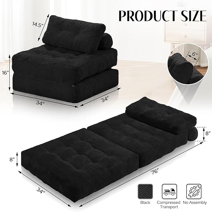 HABUTWAY Folding Sofa Bed, Convertible Sleeper Chair Bed w/Dual-Pillow & Handle, Foldable Floor Sofa Lounge w/Back Support for Living Room, Bedroom, Apartment, Office, Single, Black