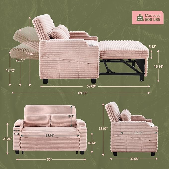 VINGLI Pink Futon Sofa Bed Convertible Loveseat Sleeper Sofa Couch, Corduroy Pullout Sofa Fold Out Couch Bed with USB Ports, Cup Holders, Armrest for Living Room, Bedroom Apartment Room | Loveseat Sleeper