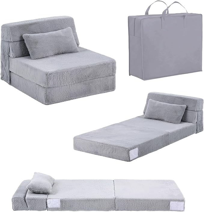 Tiita Convertible Folding Kids Sofa Bed with Pillow & Storage Bag, Plush Fabric Floor Mattress Couch Bed, Washable Cover, Kids Room, Playroom, Dorm, Apartment, White Grey
