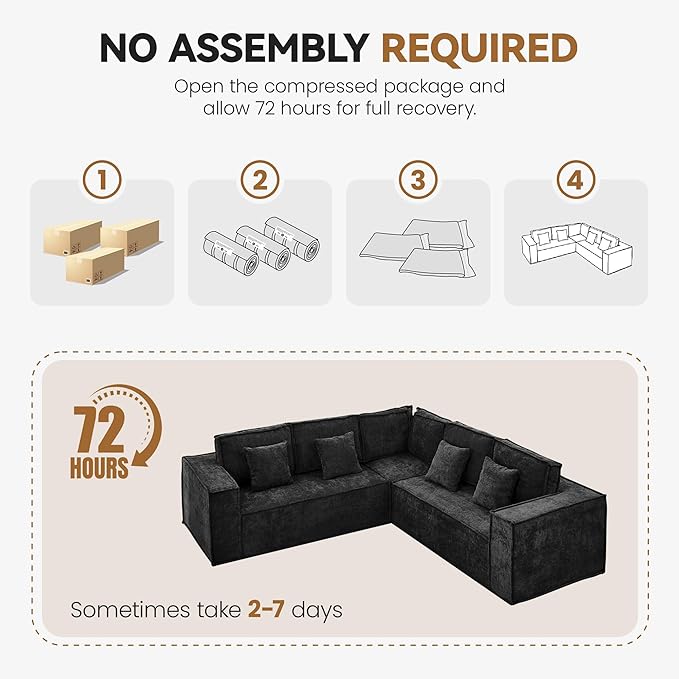 108'' Boneless Chenille L Shaped Couch, Oversized Modular Sectional 5 Seater Sofa, Modern Deep Seat Corner Cloud Compressed Couch, No Assembly Sleeper Sofa with Chaise for Living Room, Black