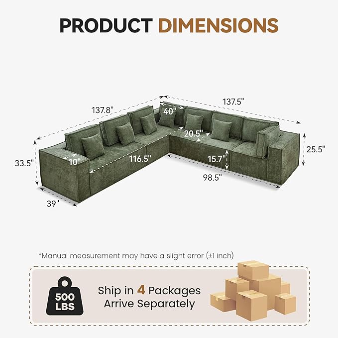 138'' Boneless Chenille L Shaped Couch, Oversized Modular Sectional 7 Seater Sofa, Modern Deep Seat Corner Cloud Compressed Couch, No Assembly Sleeper Sofa with Chaise for Living Room, Green