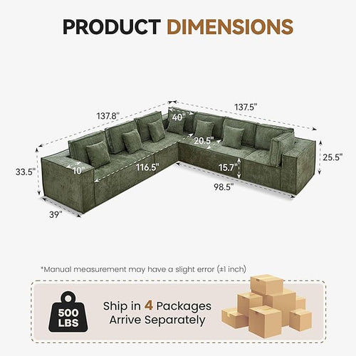 138'' Boneless Chenille L Shaped Couch, Oversized Modular Sectional 7 Seater Sofa, Modern Deep Seat Corner Cloud Compressed Couch, No Assembly Sleeper Sofa with Chaise for Living Room, Green