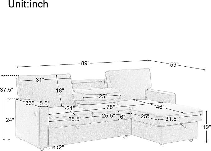 LUMISOL 89" Convertible Sleeper Sofa Bed, Modern L-Shaped Sectional Sofa with Storage Chaise, Chenille Pull Out Couch Bed with Cup Holders & Charging Station for Living Room, Gray