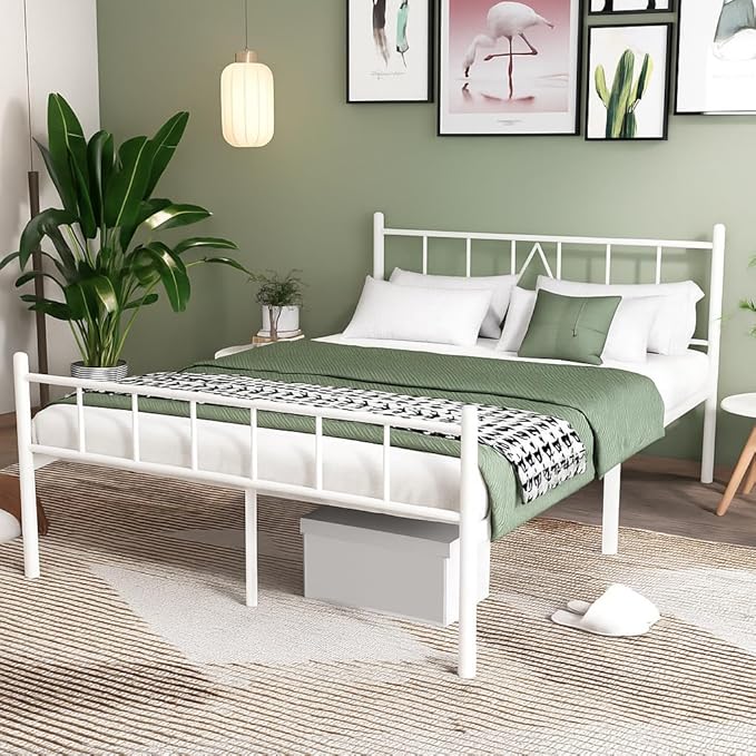 Decorwise 14 Inch Full Size Bed Frames with Headboard/Footboard, Under Bed Storage, Strong Metal Slats Support, No Box Spring Needed, Noise Free, Easy Assembly, White