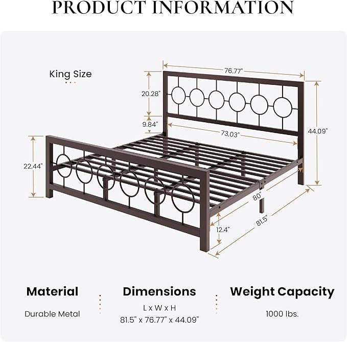 SHA CERLIN King Size Metal Bed Frame with Vintage Circular Design Headboard and Footboard,No Box Spring Required, Easy Assembly,Noise-Free,Brown