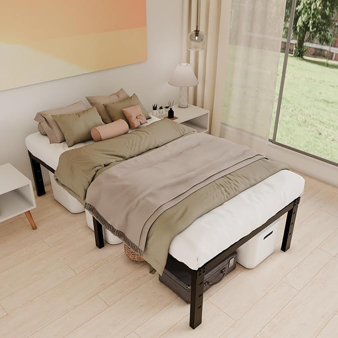 14 Inch Metal Twin XL Bed Frame No Box Spring Needed - Easy Assembly Heavy Duty Noise Free Narrow Bedframes - Single Black Basic Steel Slats Platform with Storage