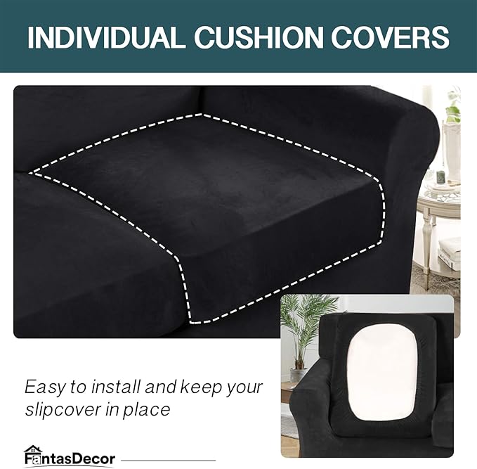 FantasDecor 2 Piece Chair Sofa Covers Velvet for Living Room Slipcovers with Individual Cushion Elastic Furniture Protector for Pets, Machine Washable (Armchair, Black)