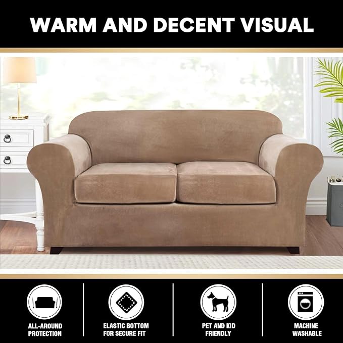 PrinceDeco Velvet Couch Cover Loveseat Covers for 2 Cushion Couch 3 Piece Sofa Covers for Dogs Washable Loveseat Covers Width Up to 72 Inch No Slip Stretch Sofa Slipcover(Medium, Camel)