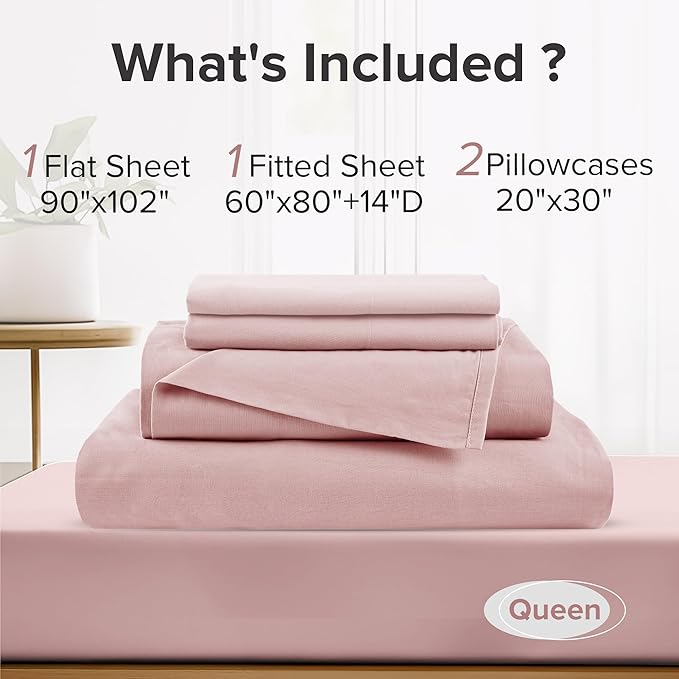 Comfort Spaces 100% Cotton Sheets Queen, Breathable & Ultra Soft Cotton Sheets, Naturally Cool Cotton Bed Sheets with 14" Elastic Pocket Fits up to 16" Mattress, All Seasons Sheet Set, Pink 4 Piece