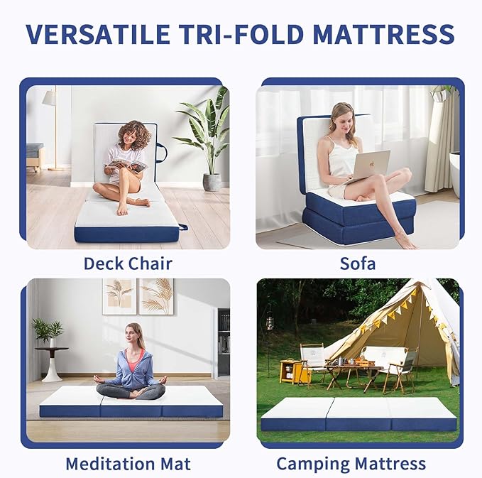 CYMULA Folding Mattress Single Size,4 inch Memory Foam Tri-Fold Single Floor Mattress Topper with Breathable & Washable Cover,Lightweight Foldable Mat for Camping,Naps and Guests(25"×75"×4")