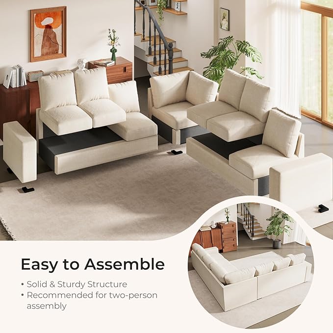 ELUCHANG 113" V-Shaped Modular Sectional Sofa Couch, Modern 7-Seat Comfy Linen Deep Seat Sofa with Corner, Removable Cover, Easy Assembly, Large Sofas & Couches for Living Room, Office, Beige | Spring Cushions, Easy to Clean, Deep Seat