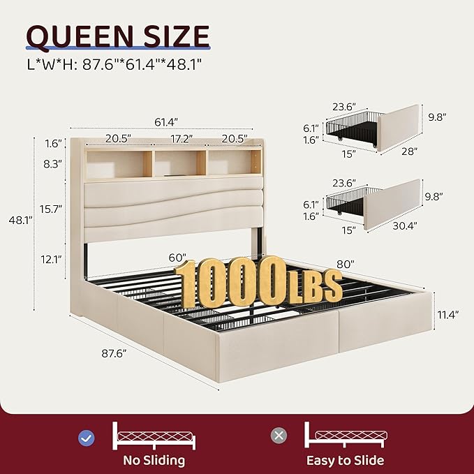 BRELTAM Queen Size Bed Frame with 6 Storage Drawers, Linen Upholstered Platform Bed with Charging Station,2-Tier Wave-Shaped Headboard Design,No Box Spring Needed,Easy Assembly,Beige
