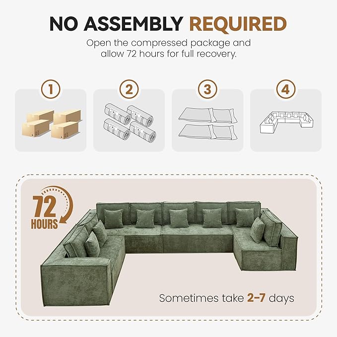 167'' Boneless Chenille U Shaped Couch, Oversized Modular Sectional 8 Seater Sofa, Modern Deep Seat Corner Cloud Compressed Couch, No Assembly Sleeper Sofa with Chaise for Living Room, Green
