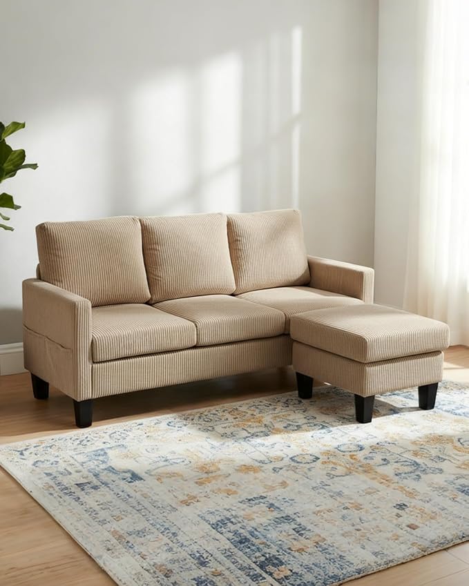 Karl home Small Sectional Couch L Shaped Sofa with Movable Storage Ottoman Corduroy Upholostered Sofa Chaise with Side Pockets for Living Room, Apartment, Studio, Khaki