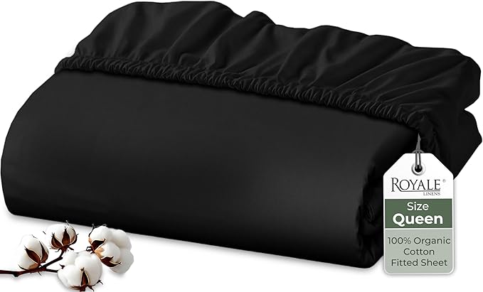 Royale Linens 100% Organic Cotton Fitted Sheet - Percale Weave - Super Soft Deep Pocket Bottom Sheets - Black Elastic Sheet Queen Size - Queen Fitted Sheets Only - (60"x80"+15", Black)