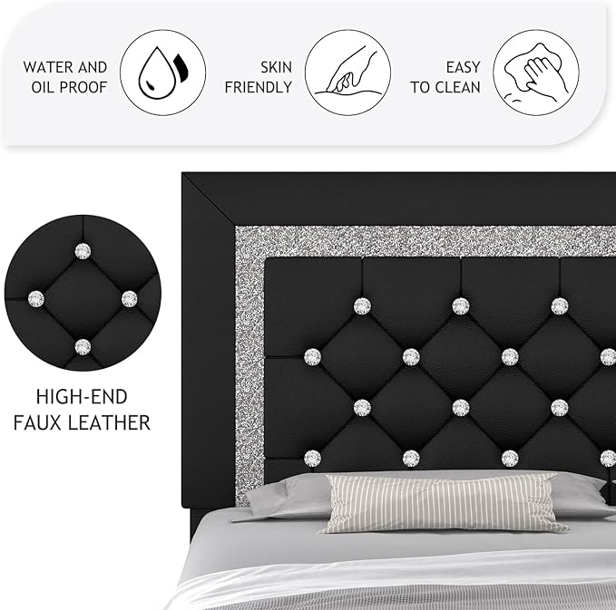 Full Bed Frame, Faux Leather Platform Bed with Upholstered Diamond Headboard, Mattress Foundation with Strong Wooden Slats Support, No Box Spring Required, Easy Assembly, Black
