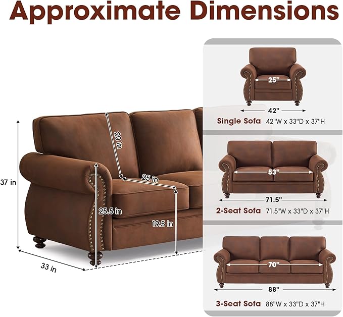 Living Room Furniture Sets,Sofa Sets and Couch Sets for Living Room,Mid-Century Vintage Sofa Couches with Rivet Design (Caramel, Single+3 Seater)