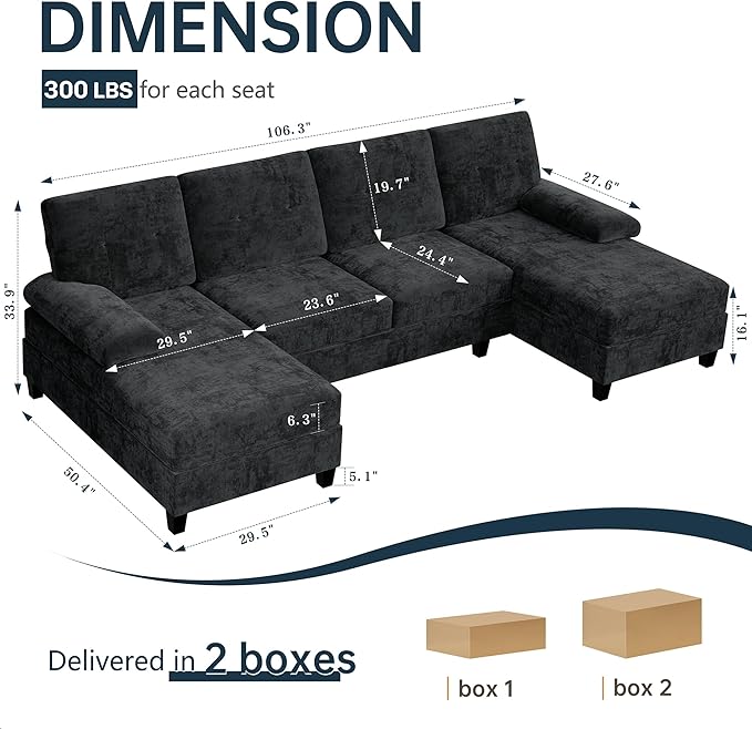 Meilocar Sectional Couches for Living Room, 106 in U Shaped Couch Soft Sectional Sofa with Double Chaise, Comfortable 4 Seat Sofa Couch (Black)