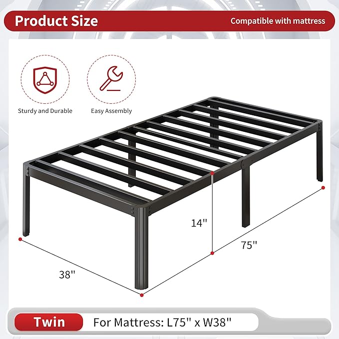 Yicensen 14 Inch Twin Bed Frames Rounded Corner Legs Heavy Duty Platform Twin Metal Bed Frame for Kids, Easy Assembly, Noise Free, No Box Spring Needed, Black.