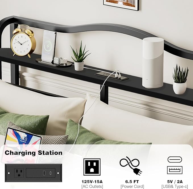 Full Size Bed Frame with Headboard 18 Inch Tall Bed Frames with Storage & Charging Station Black Basic Bed Base Mattress Foundation,No Box Spring Needed,Heavy Duty Metal (18 Inch, Full)