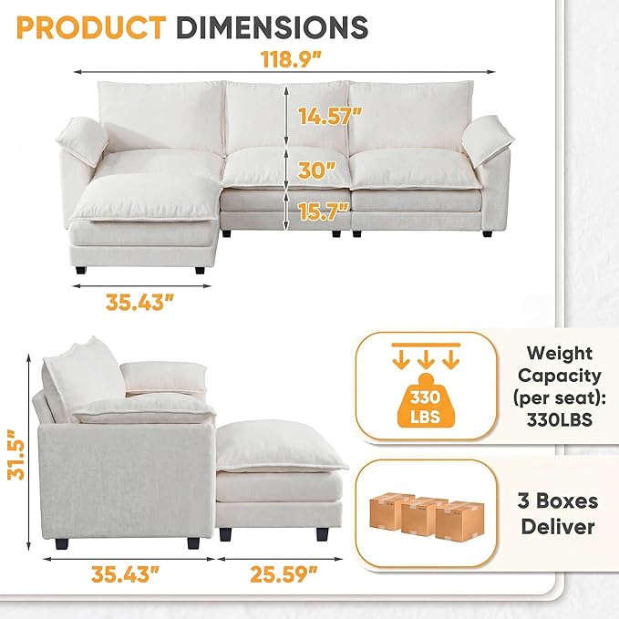 118.9'' L Shaped Sectional Couch, Modular Cloud Sofa with Deep Seat & Double Layer Cushion, Modern Chenille Sofa Couches with Movable Ottoman for Living Room & Appartment (White, L Shaped Sofa)