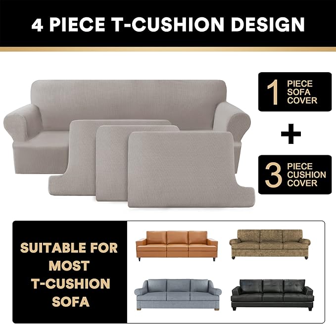 PrinceDeco T Cushion Sofa Slipcover 4 Pieces Sofa Covers for T Cushion Couch Soft Sofa Slip Covers Furniture Protector with 3 Individual T Shape Seat Covers Width Up to 88 Inch, Taupe