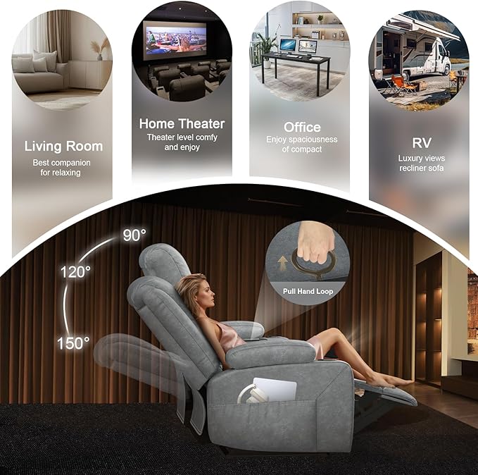 3+1 Manual Recliner Sofa, Maximum Load Capacity 1800lbs & Ergonomics Design, Multi-Functional Middle Seat & Home Theater Seating with Removable Armrest and Storage for RV Living Room (PU,Grey)