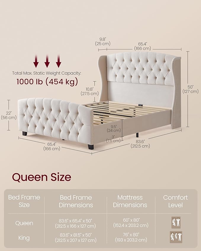 VASAGLE Queen Bed Frame with Tall Headboard, Upholstered Platform Bed Frame Queen Size, with Wingback Tufted Headboard and Footboard, Wooden Slats, No Box Spring Needed, Cappuccino Beige URMB881W01
