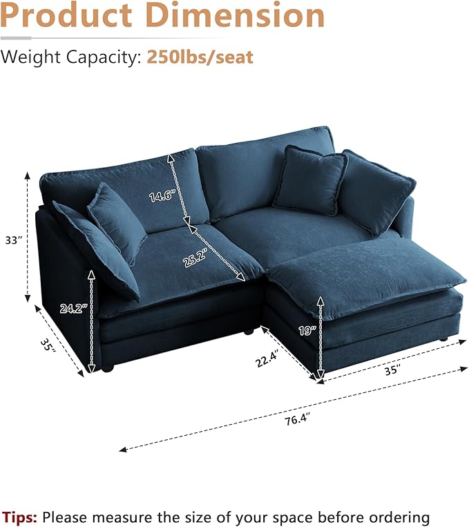 mikibama Modular Sectional Sofa, 76.4 Inch L Shaped Couch Set for Living Room, Loveseat Comfy Cloud Couches with Movable Ottoman, DIY Combination, Chenille, Blue