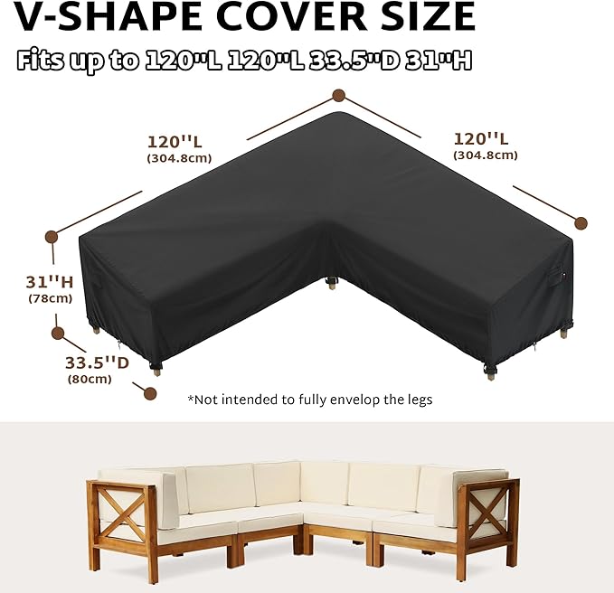 iBirdie Outdoor Sectional Cover fit 120 x 120 inch, 118 x 118, 119 x 119, 116 x 116 L-Shaped Patio Sofa Waterproof Weatherproof 600D Heavy Duty Garden Furniture Cover for Outside L Shape Couch