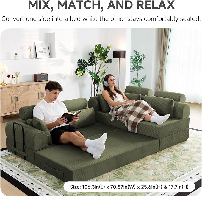 Boneless Sectional for Small Spaces, 106” L Shaped Couch From Two 70.87” Modules, Reconfigures to 141.7” Straight Sofa, Corduroy Compressed Couch in a Box With Headrest Back Pillows, Light Green