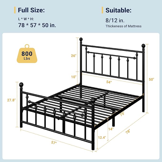 Allewie 14 Inch Full Size Metal Platform Bed Frame with Victorian Vintage Headboard and Footboard/Mattress Foundation/Under Bed Storage/No Box Spring Needed/Easy Assembly/Noise Free/Black