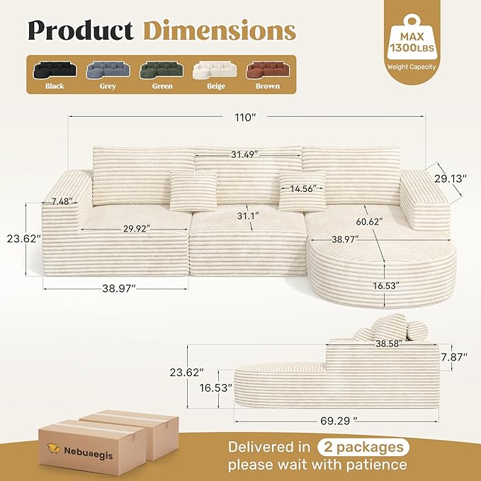 110" Modular Sectional Sofa Couches, Cloud Couches for Living Room, Boneless Sofa with Deep Seat,L-Shape Couch with Chaise,No Assembly Required,Beige,1 PCS