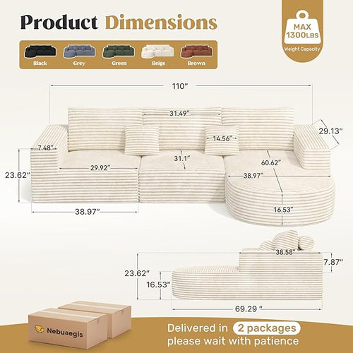 110" Modular Sectional Sofa Couches, Cloud Couches for Living Room, Boneless Sofa with Deep Seat,L-Shape Couch with Chaise,No Assembly Required,Beige,1 PCS