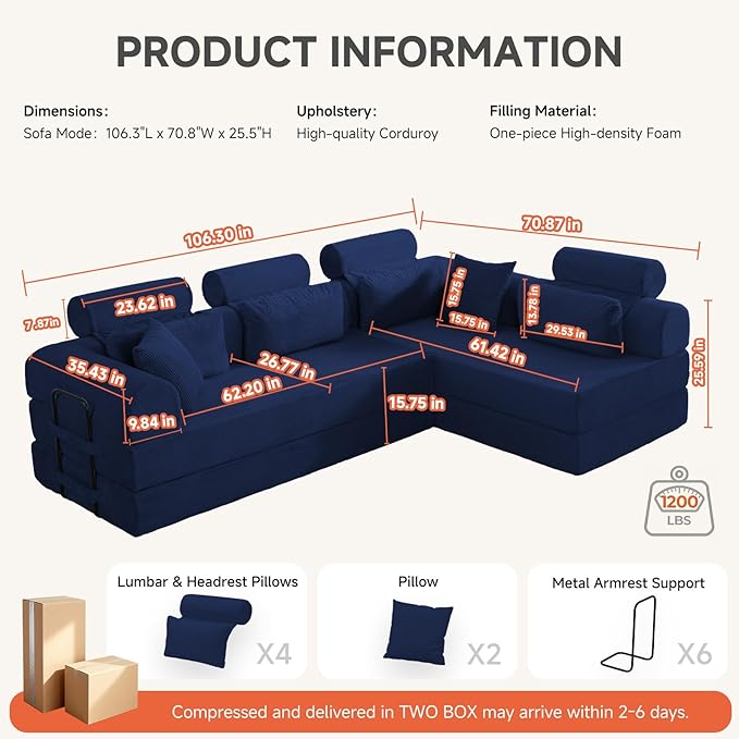 106" L-Shaped Boneless Sectional Couch, 2-Piece 70.87" Modules, Converts to 141.7" Extra-Long Straight Sofa, Corduroy Couch in a Box with Headrest & Back Pillows for Living Room, Dark Blue