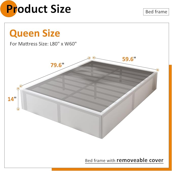 Maenizi Bed Frame Queen Size with White Fabric Cover 14 Inch, Heavy Duty Metal Queen Bed Frame, No Box Spring Needed, Support Up to 3000 lbs, Easy Assembly, Noise Free, Black