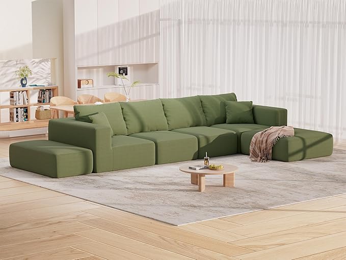 CUGOAO 152'' Modern Boneless Couch, Oversized 2-in-1 Modular Sectional Sofa Bed, Extra Deep Seat Upholstery Cloud Couch, Boneless Couches for Living Room, No Assembly Required, Green Corduroy