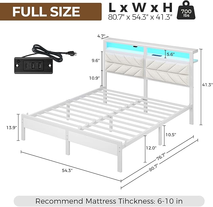 Seventable Bed Frame Full Size with Charging Station, LED Bed with Upholstered Storage Headboard, Metal Platform Bed with Under Bed Storage, No Box Spring Needed, Noise Free, Easy Assembly, White