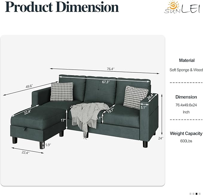 SUNLEI Convertible L-Shaped Sectional Couches for Living Room, Space-Saving 3-Seat Couch for Small Apartments & Living Rooms, Linen Fabric, Grey | L-Shaped
