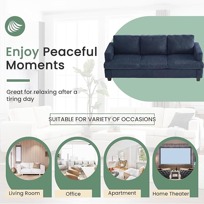 YOUDENOVA Sofa, 89" 3-Seater Deep Seat Sofa, Modern Comfy Couches for Living Room Apartment Lounge, Blue Corduroy