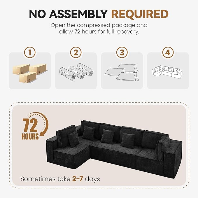 138'' Boneless Chenille L Shaped Couch, Oversized Modular Sectional 5 Seater Sofa, Modern Deep Seat Corner Cloud Compressed Couch, No Assembly Sleeper Sofa with Chaise for Living Room, Black