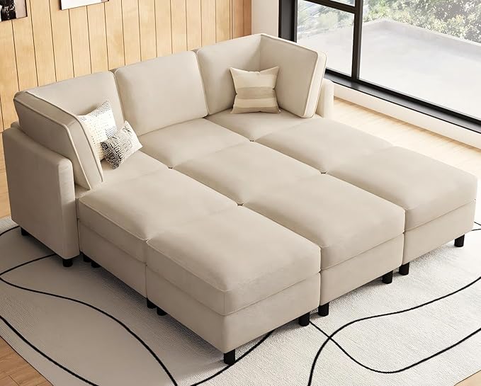 Belffin 84.3" 9 Seats Sleeper Sofa Modular Sectional Sofa Washable Sectional Couches for Living Room Comfy Couches with Storage Seat Couch Sofas with Chaise,Beige
