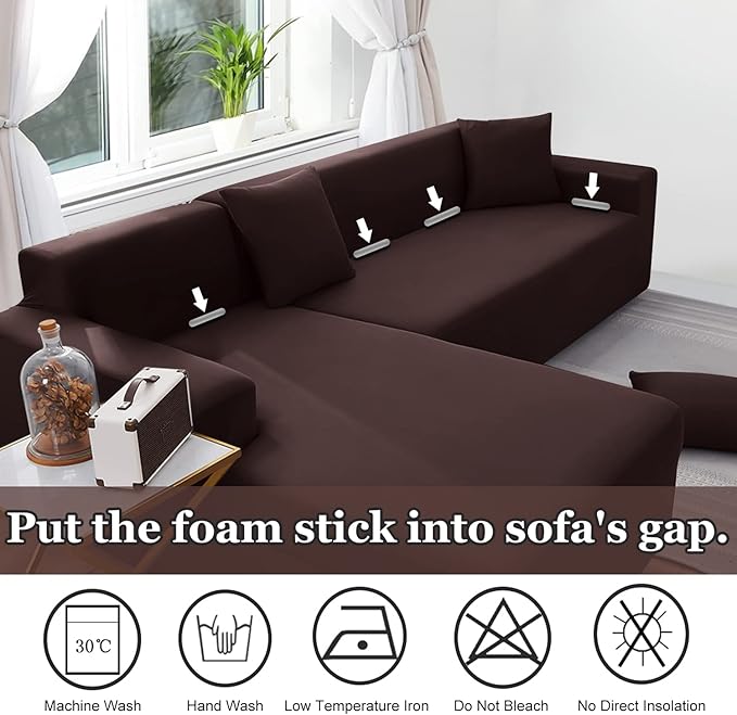 NAISI Couch Cover L Shape 2 Pieces Sofa Cover Soft Stretch Slipcovers with 2pcs Pillowcases Furniture Protector Sectional Couch Covers 3 Seater + 3 Seater(Coffee)