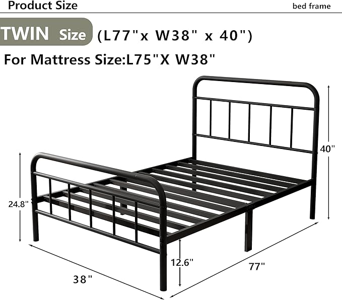 14Inch Metal Bed Frame,Twin Size Bed Frame with Storage Space,Heavy Duty Sturdy Mattress Foundation,Easy Assembly,No Box Spring Needed,Twin